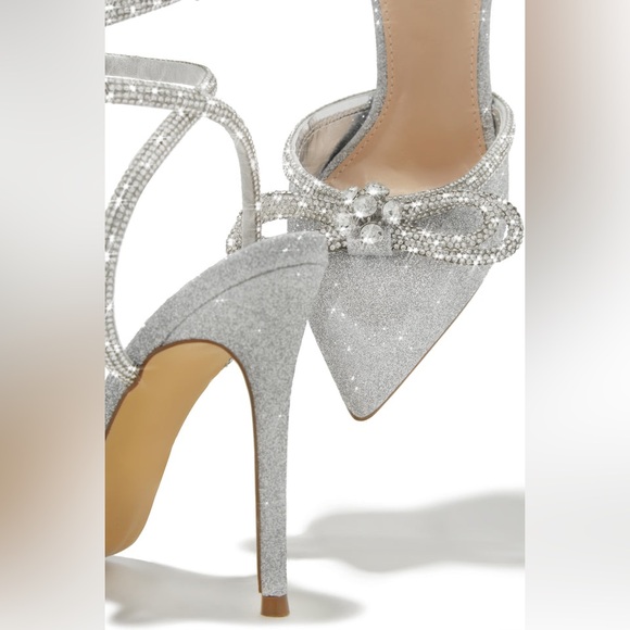 🆕 Women’s Silver Rhinestone Bow Ankle Strap Pumps | Pointed Toe Heels - Picture 6 of 10